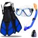 Kids Mask Fin Snorkel Set for 3-7 Years Old Boys and Girls with Panoramic Snorkel Mask Diving Goggles Dry Top Snorkel and Adjustable Fins for Snorkeling Swimming Freediving Blue