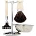4pc set Gillette Mach3 Compatible Razor Shaving Brush Black Synthetic Fibre With Stand and Bowl Chrome Plated (Imitation Ivory)
