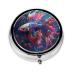 Colorful Fish and Flowers Portable Metal Pill Box Round Mini 3-Compartment Plastic Insert hinged Fastening Design Suitable for Small Pills Must-Have for Travel Black