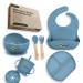 Baby Feeding Set Weaning Set Eco Friendly BPA Free 7pcs Silicone Suction Bowl Plate and Cup Adjustable bib 2X Cup lids Spoon and Fork with Wooden Handle. Toddler Gift Set. (Blue)