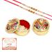 Ghasitaram Gifts Rakhi Gifts Pooja Thali - Set of 2 YCA-10 Tika Chawal Containers with 2 Pearl rakhis with 200 GMS of Kaju katli Containers 2 rakhis with 200 GMS of Kaju katli