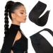 Wrap around Ponytail Hair Extension with Clip in One Piece Remy Human Hairpiece Straight 16 inches #1B Natural Black