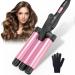 Curling Iron 3 Barrels Beach Waves - Wave Iron Curling Iron Adjustable Fast Heating Curling Iron for Long Short Hair Pink