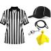 Geyoga 4 Pcs Men's Official Referee Costume Set Black & White Stripe Referee Zipper Collar Shirt Official Referee Hat Stainless Whistle with Lanyard Yellow Penalty Flag for Halloween Cosplay Large