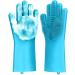 Silicone Hand Gloves Reusable Rubber Sponge Scrubbers Good Use for Kitchen Dishwasher Fruit Household Cleaning (Blue)