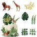 Realistic Safari Jungle Animals Cake Toppers with Plam Leaf Eucalyptus Leaves Cake Decorations for Wild Themed Birthday Baby Shower Party (Wild One)