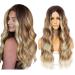 Ombre brown synthetic wig long wavy wigs medium part lace front wigs for women heat -resistant natural view 22 inches
