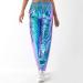 ODIZLI Womens Shiny Metallic High Waist Jogger Pants - Holographic Laser Blue Large - Buy Online on GoSupps.com