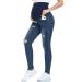 PACBREEZE Women's Maternity Jeans Over The Belly Slim Stretchy High Waist Denim Skinny Pants with Pockets 05: Ripped Indigo Blue XXL
