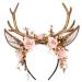 MOSTORY Handmade Gold Flower Antler Headband - Woodland Floral Reindeer Headpiece with Deer Ears Forest Fairy Hairband for Women Renaissance Halloween Cosplay Prom Photo Shoot Pink Rose