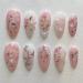BABALAL Almond Press on Nails Medium Fake Nails Pink Glue on Nails Flower Heart Charm Design Acrylic Nails 24Pcs Coquette Handmade False Nails ANI02