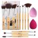 HEYMKGO Travel Size Makeup Brush Set 12pcs Small Makeup Brushes & 2pcs Makeup Sponges Foundation Blending Powder Blush Concealer Eyeshadow Eyeliner Makeup Brush Set with Wooden Handle