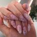 24Pcs Almond Press on Nails Medium Fake Nails Purple Flower & 3D Pearl Design Acrylic Nails French Press on Nails Pink False Nails Full Cover Glossy Stick on Nails for Women Girls Jelly Press on Nails A04