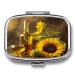 Pill Box Wine with Yellow Sunflower Print 2 Compartment Medicine Pill Case Pill Organizer Decorative Metal Portable Pill Box for Pocket Or Purse