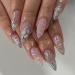 24 Pcs Almond Press on Nails Medium Fake Nails Nude Full Cover Stick on Nails with Silvery Glitter Designs Glossy False Nails 5D Nail Charms French Nails for Women Girls Artificial Acrylic Nails Style 9