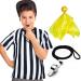 3 Pcs Children's Kids Referee Shirt Costume, Black and White Stripe Umpire Jersey Stainless Steel Whistle with Lanyard Yellow Penalty Flag for Basketball Football Halloween Costume Crew Neck Small