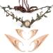 MOSTORY Elf Ears with Woodland Moon Forest Headpiece Cosplay Costumes Fairy Leaf Crown Headband and 2 Pairs Soft Elven Ears with Crystal for Women Womens Halloween Party Birthday Bridal
