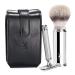 M HLE Travel shaving set - shaving brush with silvertip fibre safety razor black leather case - metal handles