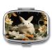 Pill Box White Rabbit and Lilies Print 2 Compartment Medicine Pill Case Pill Organizer Decorative Metal Portable Pill Box for Pocket Or Purse Style