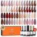 Modelones 32 PCS Gel Nail Polish Kit 28 Colors Nude Brown Gel Polish with Glitter & Glossy & Matte Gel Top Base Coat Glitter Nude Brown Red Pink Gel DIY Home Nail Curing Gifts for Women