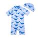 BONVERANO Baby Boy All-in-one Sunsuit/Swimsuits upf 50+ Sun Protection S/S Swimming Costume with Cap. 12-18 Months Whales