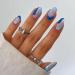 24 Pcs Blue Press on Nails Short  Oval Shape Fake Nails Almond Glossy Short False Nails French Stripe Wave Glue on Nails Artificial Finger Manicure Press on Nails for Women and Girls blue wave