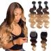 12A Ombre Body Wave Bundles With Closure Brazilian Virgin Remy 100% Human Hair Ombre 3 Tone T1B/4/27 Color Body Wave Human Hair Extensions 3 Bundles with 4x4 Lace Closure Free Part Mixed Color(14 16 18+12  1B/4/27) T...