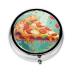 Pizza and Tomatoes Portable Metal Pill Box Round Mini 3-Compartment Plastic Insert hinged Fastening Design Suitable for Small Pills Must-Have for Travel Black