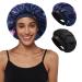 2 Pack Satin Bonnet Silk Bonnet for Curly Hair Sleep Cap for Women Satin Hair Wrap for Sleeping Wide Band Double Layer Deep Ocean + Black