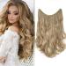 Invisible Secret Hidden Wire in Hair Extensions 20 Inches Long Wavy Curly Synthetic No Clip in Hairpieces Miracle Translucent Fish Line Ombre 2 Tone Sandy Blonde mix Bleach Blonde
