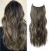 One piece Invisible Wire Hair Extensions Clip in Natural Wavy Synthetic Hair Extension with Transparent Wire Adjustable Size 2 Secure Clips Headband Long Curly Secret Hair Pieces for Women 20inch Cool Neutral Mushroom Brown Balayage