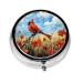 Flower Poppy Cardinal Pill Box 3 Compartment Pill Case Portable Medicine Pill Organizer for Pocket Purse Pill Box Decorative Metal Medicine Vitamin Organizer
