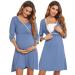 Sykooria Women's Breastfeeding Dress Cotton Soft Nursing Nightdress 3/4 Length Sleeves Maternity Nightdress Labour Nightgown for Hospital and Home A - Blue L