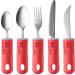Special Supplies Adaptive Utensils (5-Piece Kitchen Set) Wide, Non-Weighted, Non-Slip Handles for Hand Tremors, Arthritis, Parkinsons or Elderly use - Stainless Steel Knives, Fork, Spoons - Red