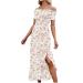 Womens Maxi Dresses Sexy Off Shoulder Chiffon Long Dress Short Sleeve Slash-Neck Beach Dress Fashion Print Split Dress XX-Large White