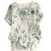 Women's Cotton Linen Blouse Print Short Sleeve Linen Shirt Casual Crewneck Buttons T-Shirt Baggy Jacquard Tops B# Green Small