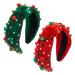 Miaija 2Pieces Chrismas Pearl Knotted Headband Green Red Wide Headbands Rhinestone Hair Hoop Fashion for Women Girls Hair Accessories