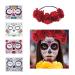 4 Pcs Day of The Dead Sugar Skull Face Temporary Tattoo Halloween Makeup Tattoo Stickers for Halloween Masquerade Party with 1 Rose Red Flower Crown Headband