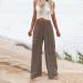 Flowy Beach Palazzo Pants for Women - High Waisted Summer Lounge Trousers - Cotton Linen Wide Leg Pants with Pockets - X-Large - Coffee Color - Buy Online on GoSupps.com