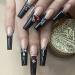 MISUD Press on Nails Long Coffin Fake Nails with Punk Designs Black French Tip Ballerina Acrylic Nails Glossy Glue on Nails 24 pcs Rhinestone False Nails 01-N1