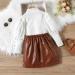 Miipat Baby Girl Fall Winter Outfit Set | Long Sleeve Pullover Top with Mini Skirt | Girls Dress 5-6 Years | WhiteBrown - Buy Online on GoSupps.com