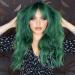 ANDRIA Green Wig with Bangs Blue Color Wig Wet and Wavy Long Loose Curly Wave Synthetic Heat Resistant Fiber Black Ombre Green Hair Wig for Women 26 Inch