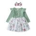 Haokaini Toddler Baby Girls Floral Dress Long Ruffle Sleeve Cotton Ribbed Bow Splicing Dress Princess Tutu Skirt Fall Clothes Set 12-18 Months Green