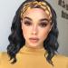 Oseti Short Curly Headband Wigs for Black Women Black Wavy Wigs with Headbands Attached Body Wave Wig Head Wrap Wigs with Ice Silk Turban Synthetic Headband Wigs for Women Short Loose Bob Wig 14Inch 1B