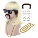VGbeaty 70s 80s Adult Men Long Curly Black Root Blonde Mullet Mutsache Wig with Gold Necklace and 6 Earrings Halloween Costume Cosplay Wig