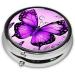 Purple Butterfly Portable Metal Pill Box - Round Mini 3-Compartment Hinged Design Ideal for Small Pills & Travel - Buy Online on GoSupps.com