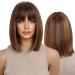KOME Short Bob Wigs for Women mixed Brown Colored Highlight Bob Wig with Bangs Balayage Straight Shoulder Length Synthetic Wig for Daily Use 12IN