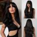 Honybia wig black with bangs - black wigs for women curly wavy waved women natural realistic synthetic heat -resistant hair for carnival/costumes/theme party Lang Black Pony