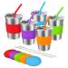 Kids Cups with Straw and Lid Spill Proof 5 Pack 12oz Stainless Steel Drinking Tumbler with Coasters Unbreakable Water Glasses BPA-Free Metal Sippy Mug for Toddler Children Adult Indoor Outdoor