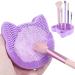 2 in 1 Design Makeup Brush Cleaning Mat with Brush Drying Holder, Silicon Cat Shaped Brush Cleaner Pad & Cosmetic Brush Organizer Rack, Portable Washing Tool for Makeup (Purple)